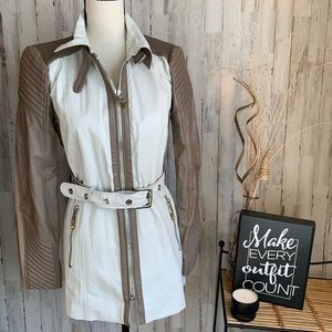 Women’s Two-Tone Taupe and White Leather Jacket with Belt